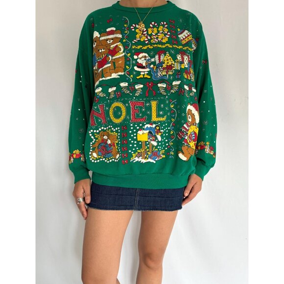 80s vintage green christmas teddy bear graphic ugly holiday pullover sweater - Picture 2 of 9